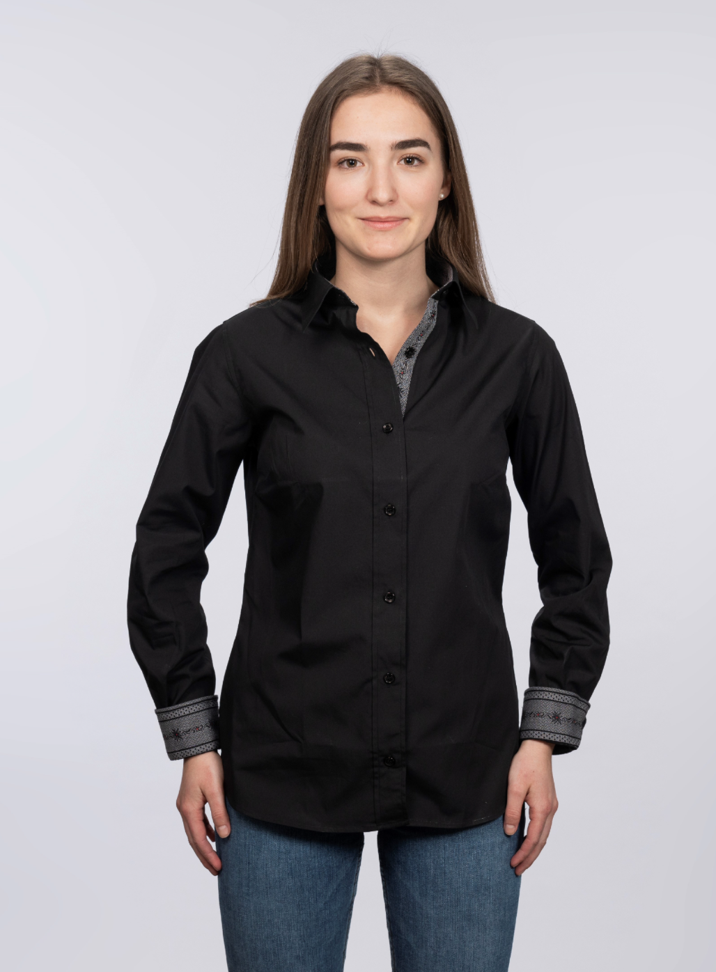 Damen Bluse uni, langarm  mit Stoffeinsatz Edelweiss, schwarz